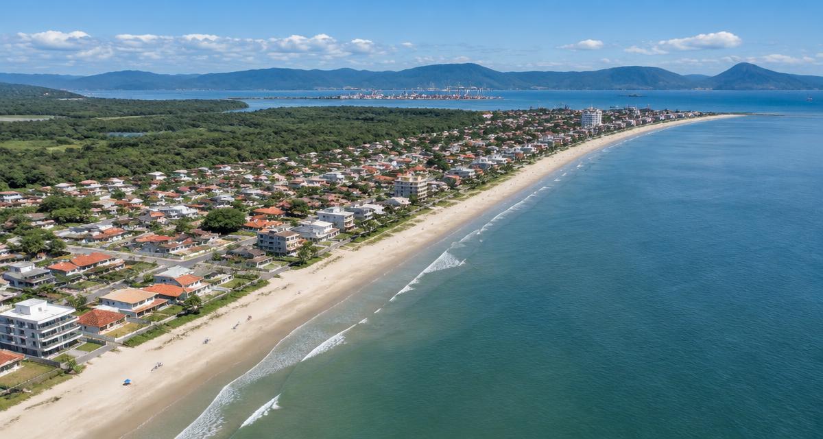 Aerial view of Itapoá's beachfront with Babitonga Bay in the background